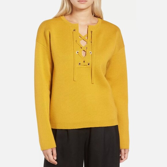 J.Crew Bonded Lace-Up Mustard Merino Wool Sweater Sz M NWT - Picture 2 of 7